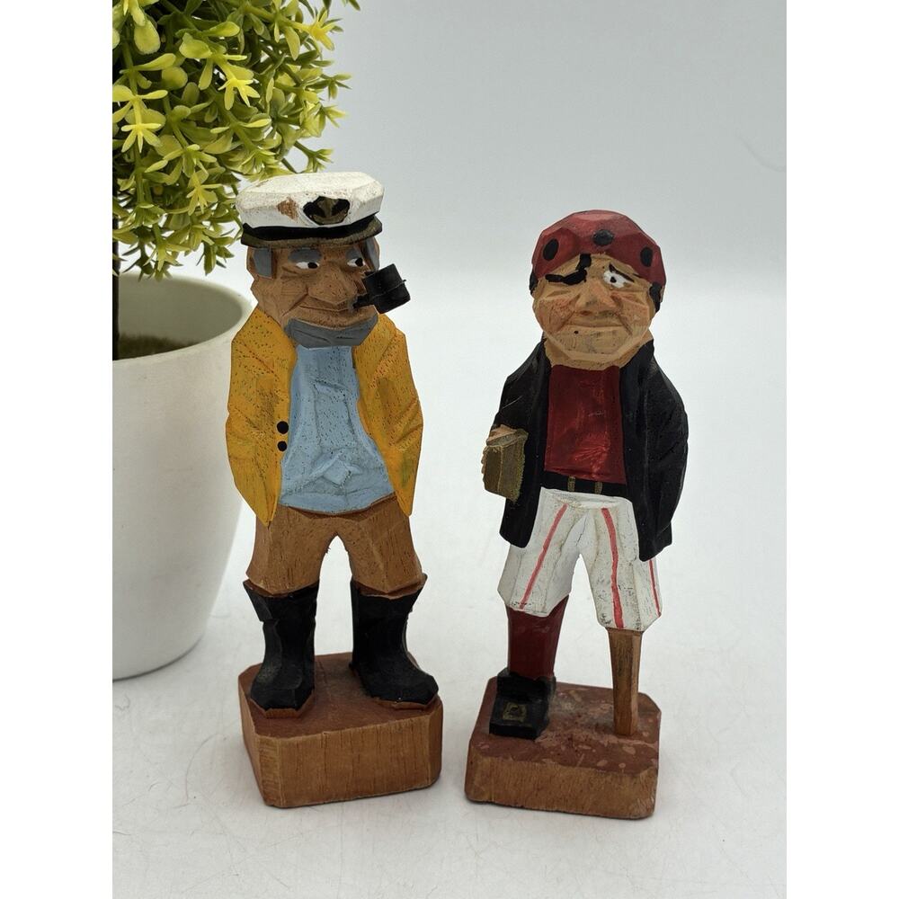 Hand Carved Wood Nautical Folk Art Figures Sea Captain Pirate Pair 4"